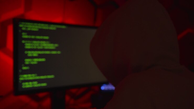 Hacker anonimo con una felpa con cappuccio che scrive codice.