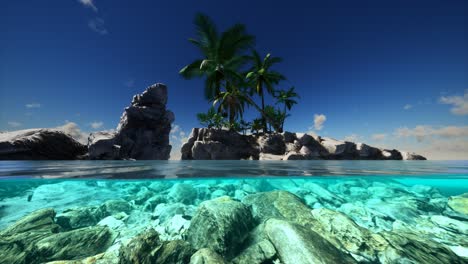 vista dividida de la sección transversal de agua de mar y palmeras en la isla