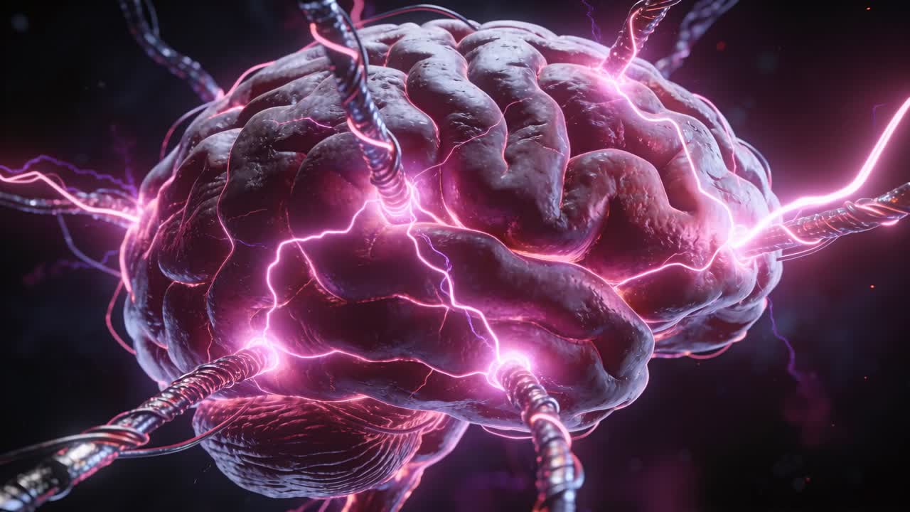 Sparking from probe contact, stylized brain sending pulsing pink arcs across dark void for transfer