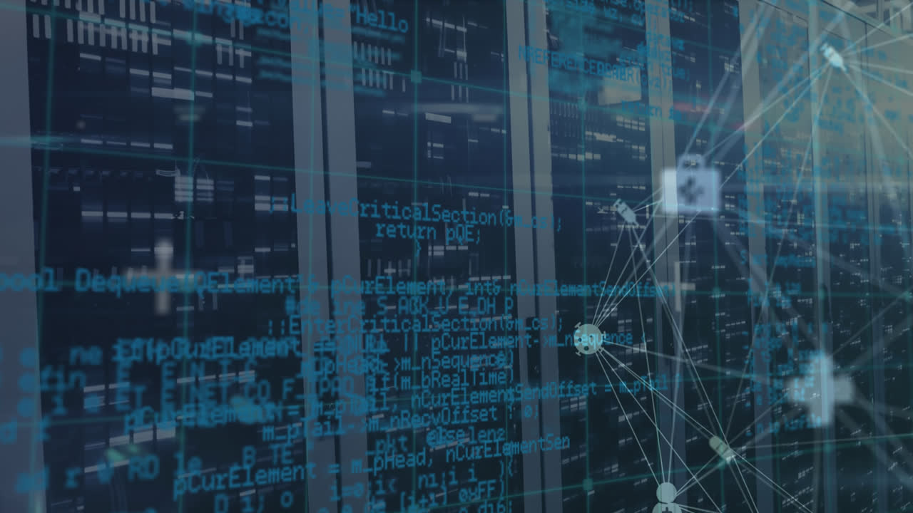 Animation of data processing over media icons and server room