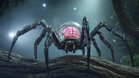 cyborg spider with human brain in a sci-fi forest