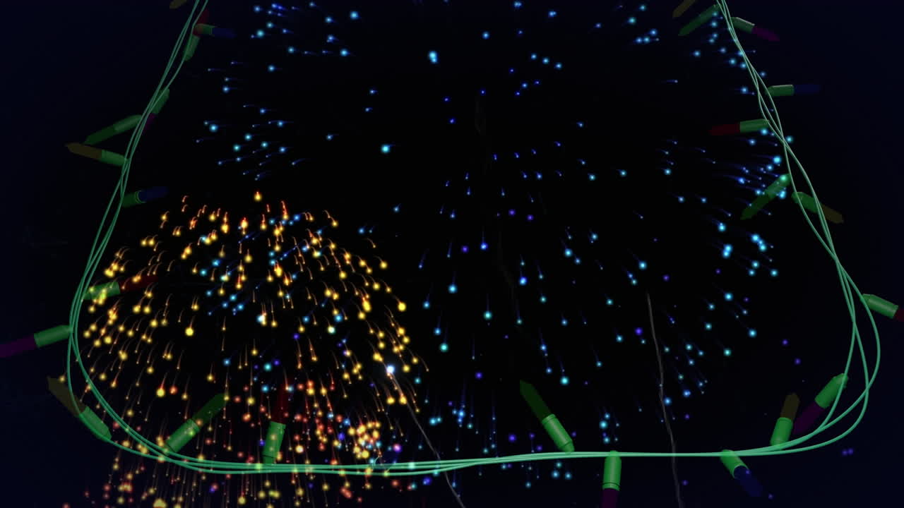 animación de luces navideñas y fuegos artificiales sobre fondo negro