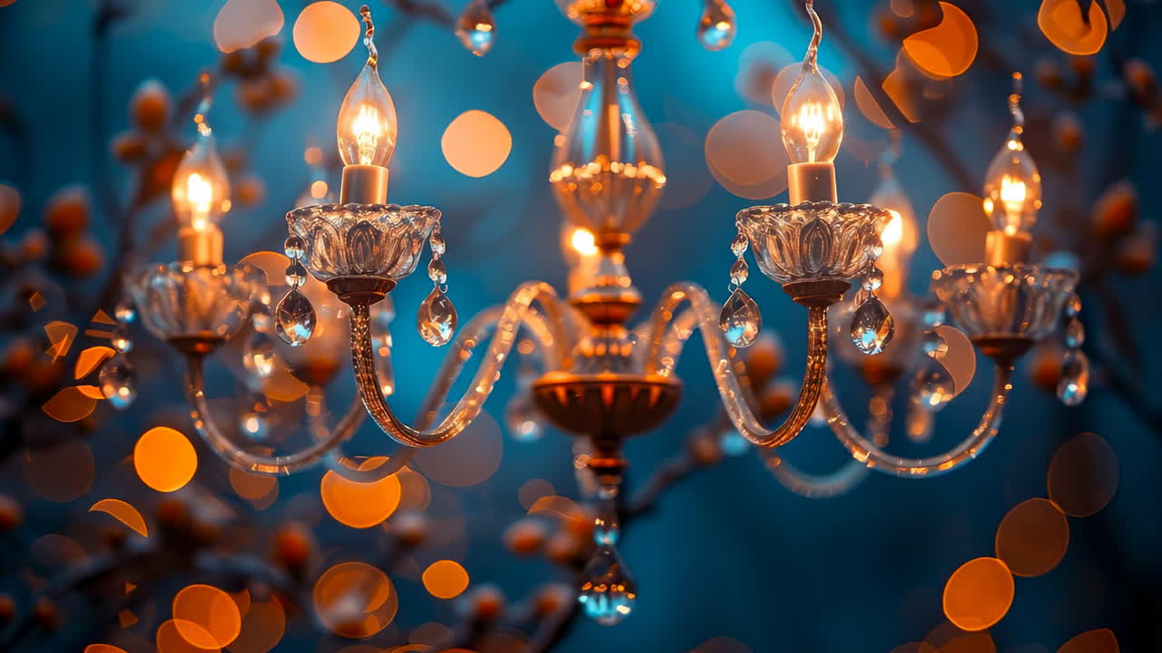 Warm-lit night chandeliers. Chandeliers glow softly in a serene evening setting, surrounded by twinkling lights and a peaceful ambiance