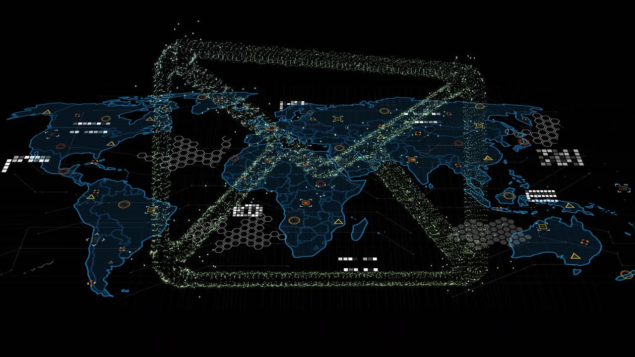 Glowing wireframe map appearing, particles clustering into envelope shape, dispersing for data flow
