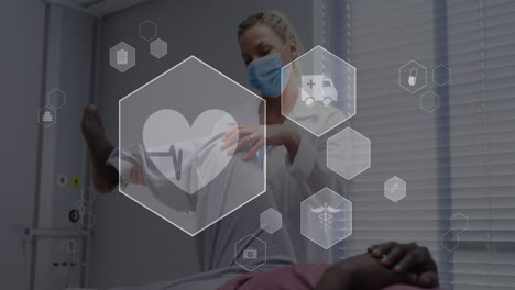animation von digitalen ikonen datenverarbeitung über kaukasische weibliche arzt in gesichtsmaske