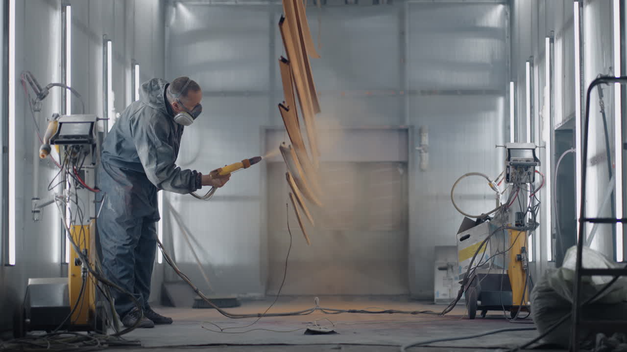 A man in a protective suit and mask sprays paint through a spray gun in slow motion on steel parts.