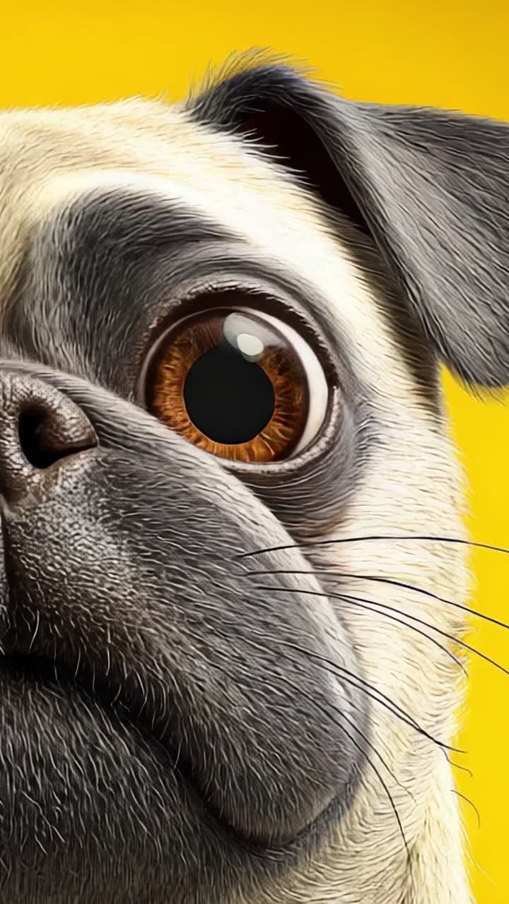 Encantador Retrato em Close-Up de um Pug com Características Marcantes Contra um Fundo Amarelo Vibrante, Capturando o Espírito Brincalhão e a Personalidade Única Deste Cão Adorável