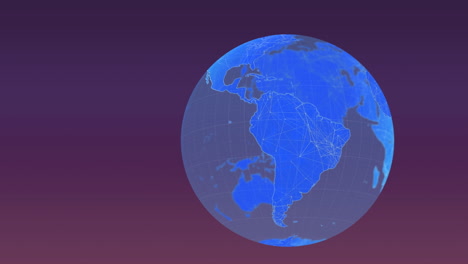 animation of graphical rotating globe with blinking beams over violet background, copy space