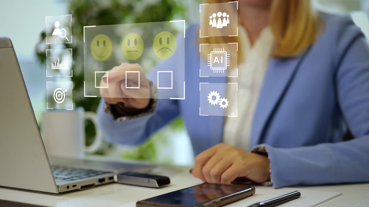 Businesswoman using laptop with futuristic digital interface animation showing customer satisfaction survey, AI evaluation and business analytics