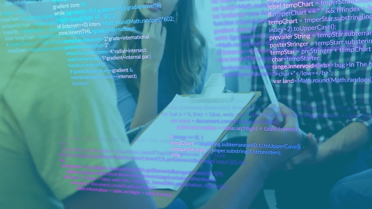 Discussing programming code overlay, people reviewing clipboard in school setting