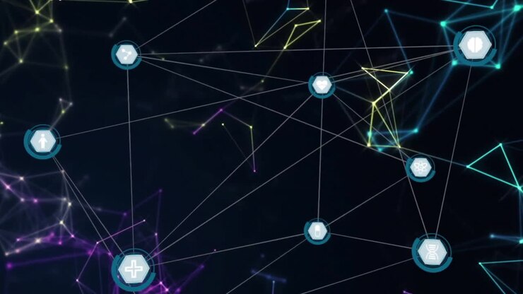 Animation of network of connections with icons on black background
