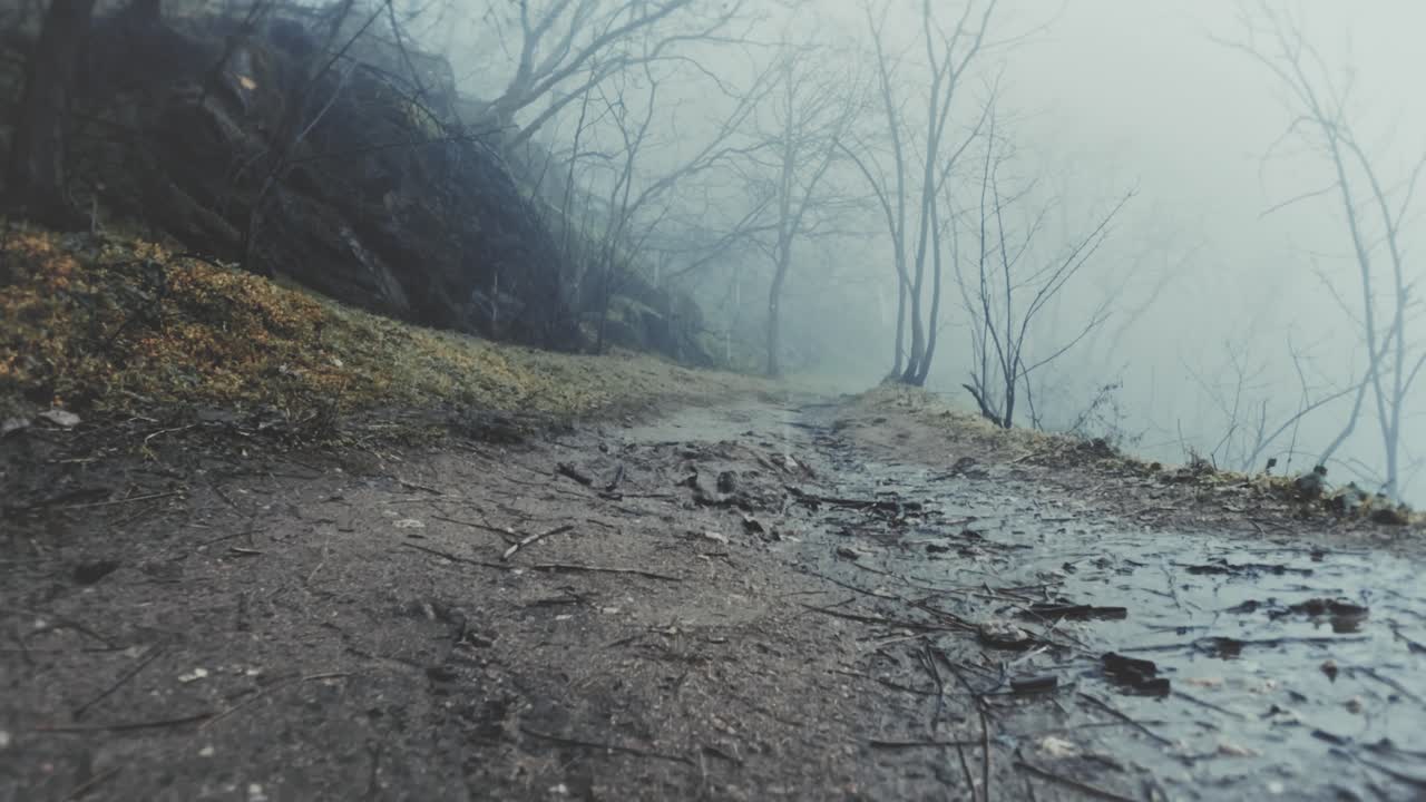 First-person view of a rainy hiking trail in a foggy winter forest. Natural environment with wet ground, leafless trees, and heavy mist, great for outdoor and weather content