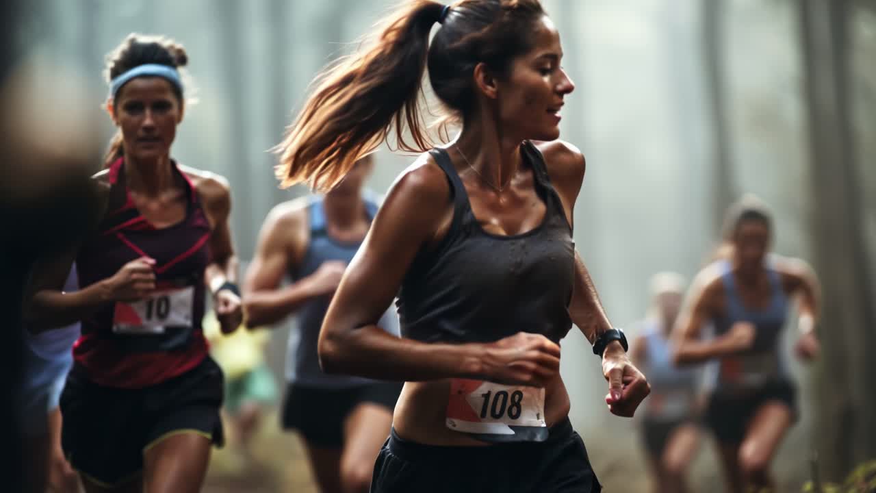 Dynamic video scene of runners in a misty forest, captured with a low-angle shot