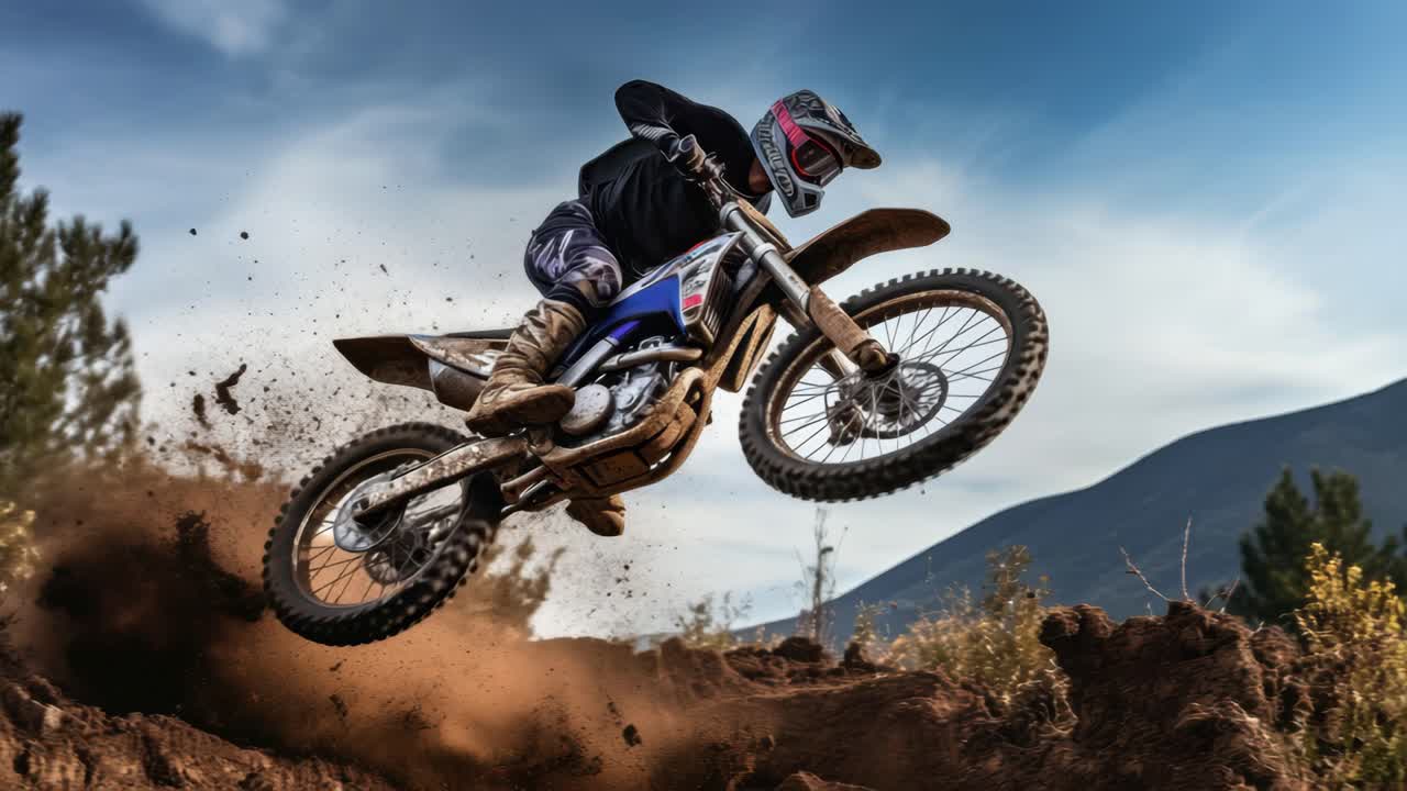 Dynamic low-angle shot of a motocross rider mid-air, capturing the thrill and energy of the sport