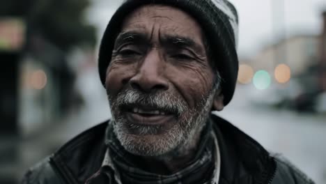 a journey through emotion: capturing the resilience and wisdom of an elderly man amidst a gloomy urban landscape