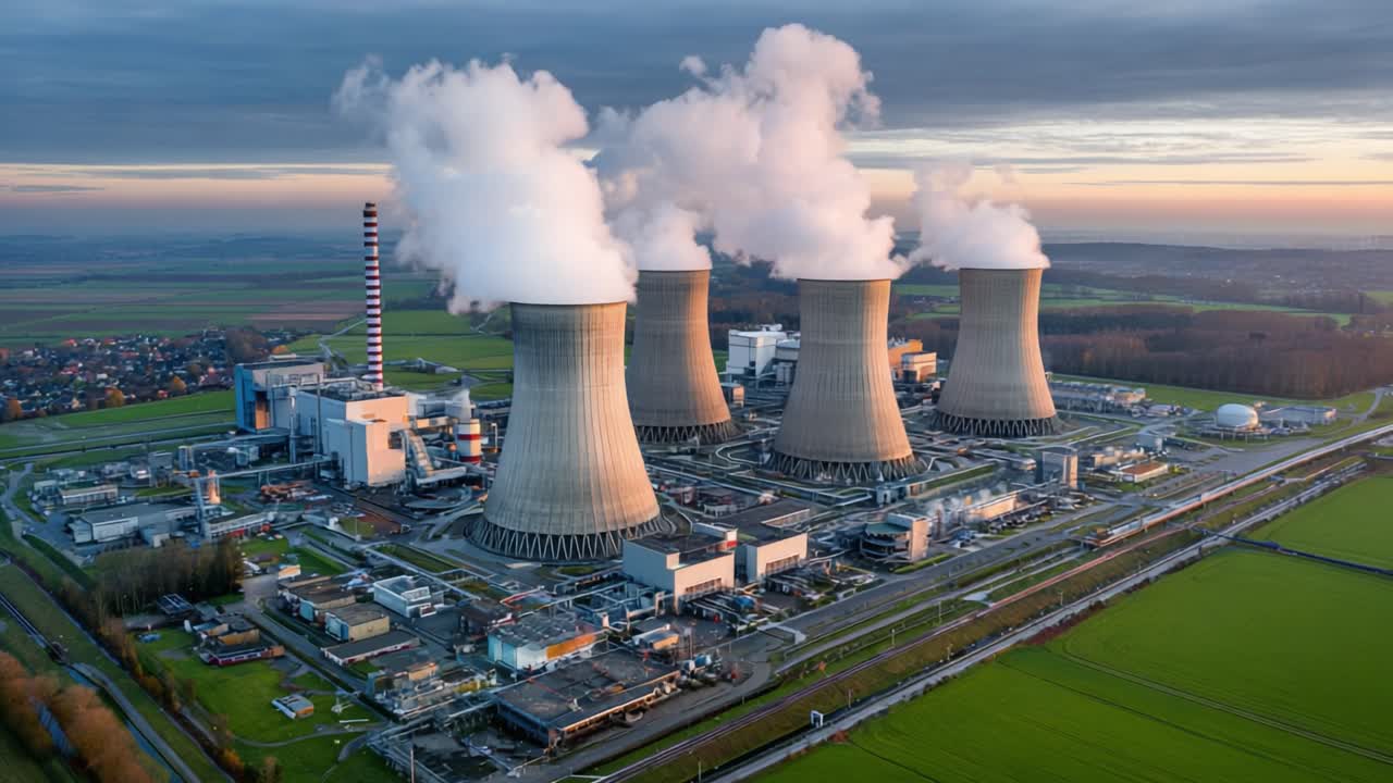 Aerial View of a Modern Nuclear Power Plant with Cooling Towers and Steam Emission During Sunset Surrounded by Green Fields and Infrastructure