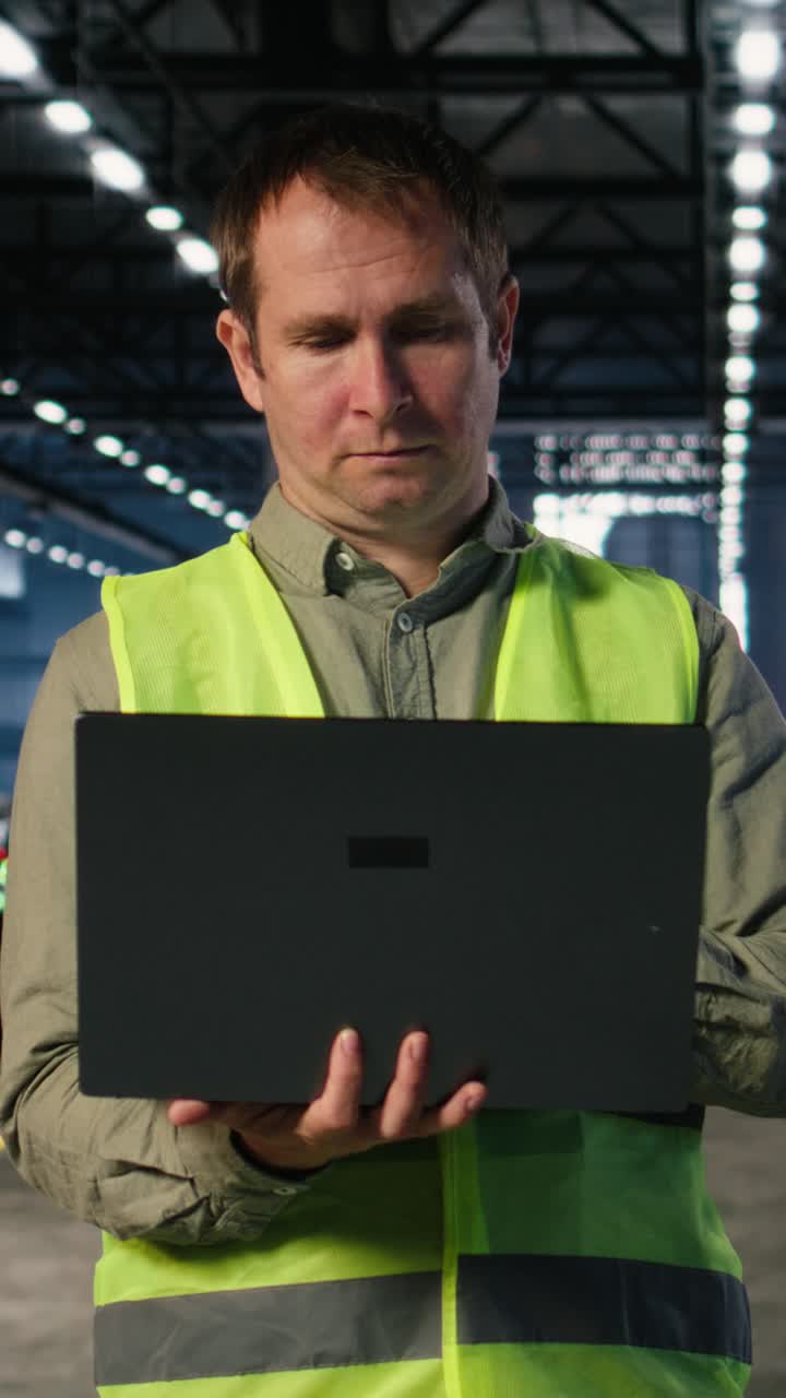 Vertical Video Worker performing inspection over fabrication tasks on laptop
