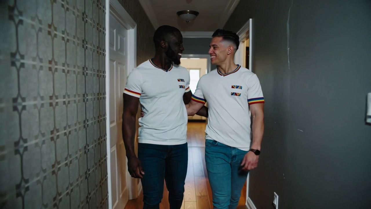 Entering two men arm-in-arm down home hall toward lens, smiling, wearing white tees, patterned wall