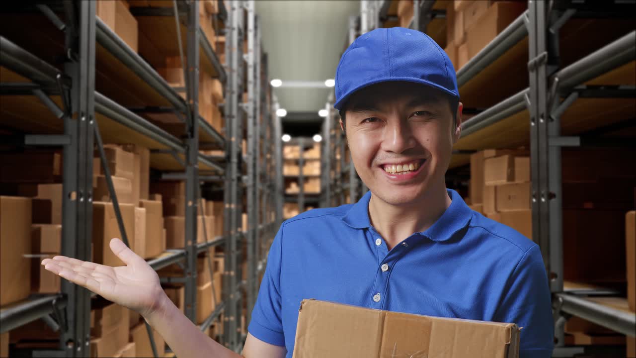 푸른 유니폼을 입은 아시아 남성 택배기사가 창고에서 상자를 배달하는 동안 웃고 으로 가리키고 있습니다.