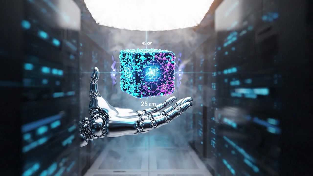 A robotic hand holds a glowing cube in a modern data center, highlighting the intersection of technology and artificial intelligence within advanced computing environments.