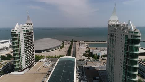 Aerial-footage-of-Park-of-The-Nations-in-Lisbon