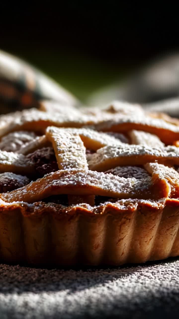Deliziosa torta di pasta sfoglia cosparsa di zucchero a velo, con delicata crosta a grata e ricco ripieno, che mette in risalto l'arte della pasticceria e la gioia dei dessert
