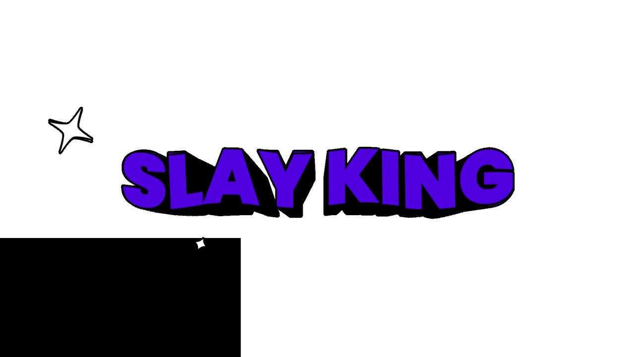 Animert, lilla tekst med «Slay King» og glitter