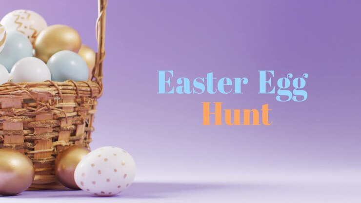 Animation of easter egg hunt text over colourful easter eggs in basket on purple background