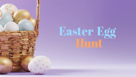 animation of easter egg hunt text over colourful easter eggs in basket on purple background