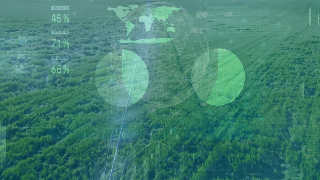 Green data visualization animation over aerial view of agricultural fields