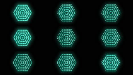 Hexagons-geometric-icons-in-rows-with-neon-light-on-black-gradient