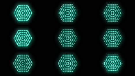 iconos geométricos hexágonos en filas con luz de neón en degradado negro