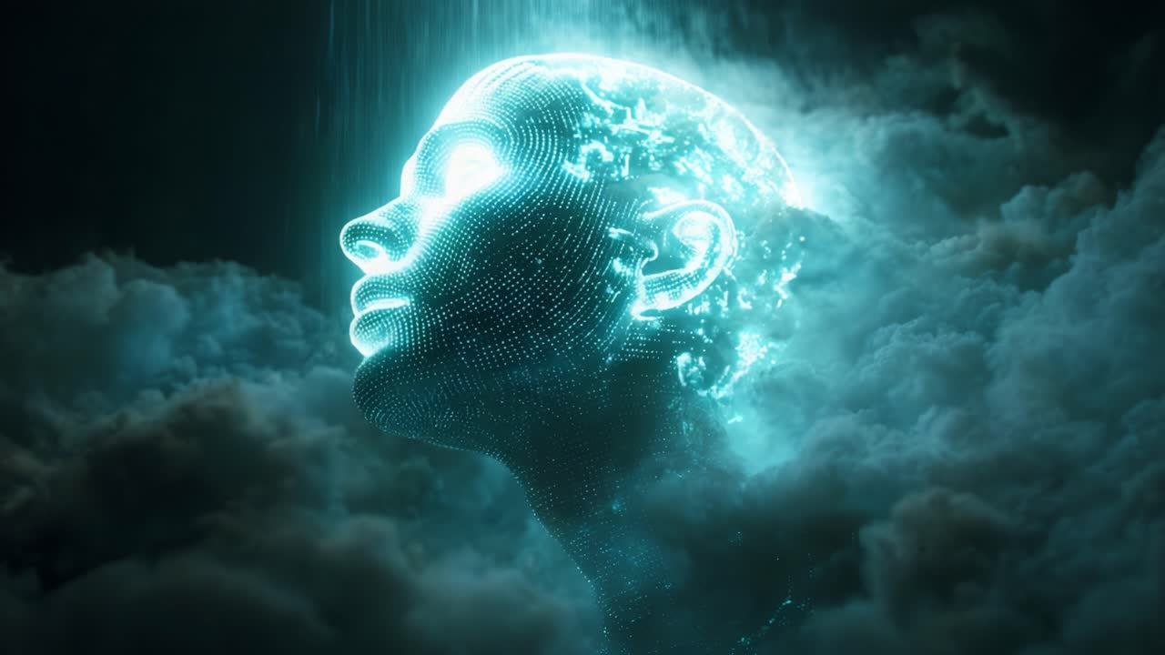 An ethereal figure emerges from the clouds, represented in a surreal digital form, illuminated with glowing effects, capturing both beauty and mystery in a captivating visual narrative of transformation and enlightenment