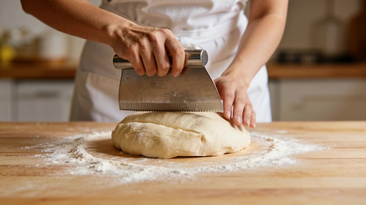 Pressing bench scraper, woman in white apron folding and shaping dough on wood counter for baking