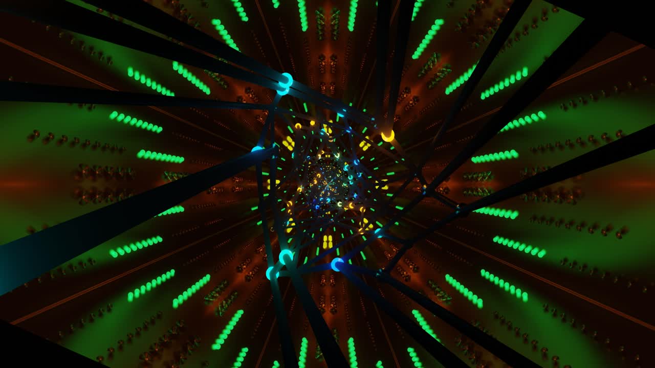 A seamless looping video of a vibrant tunnel filled with colorful lights that swirl and dance. The motion creates an immersive experience perfect for a screensaver