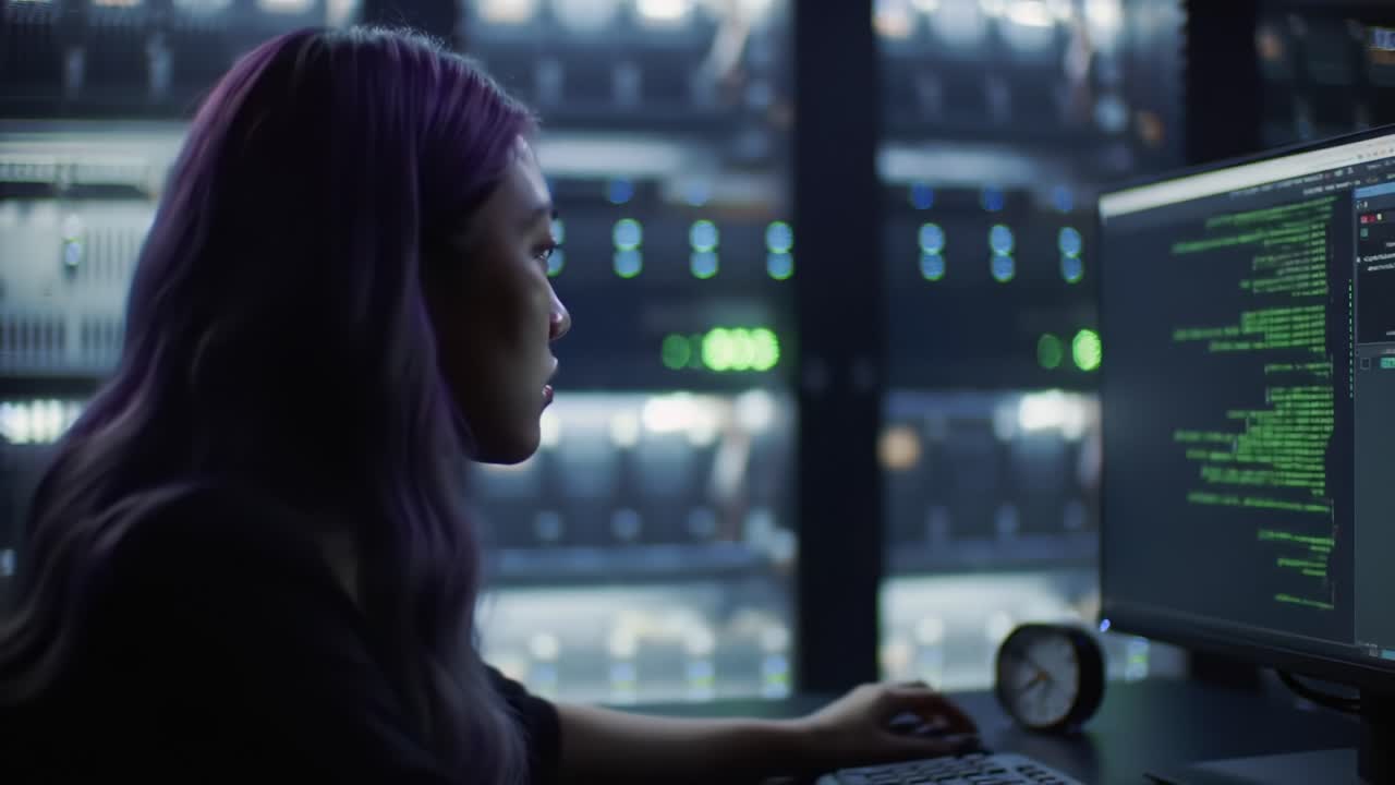 Deep in Focus: A Young Programmer Analyzes Complex Code in a Server Room, Surrounded by High-Tech Equipment and Servers, Illuminated by Computer Screens and Digital Displays