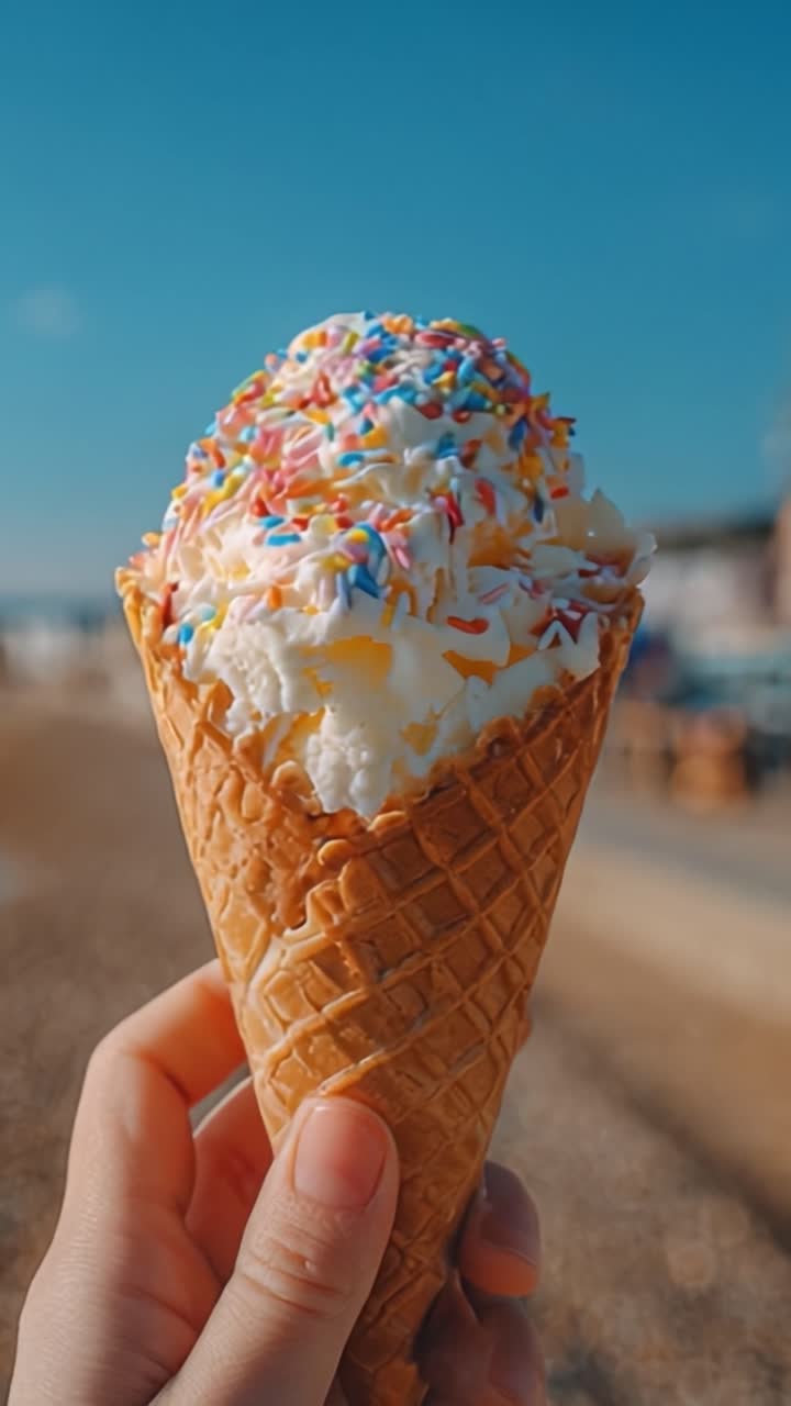 Un delizioso e goloso cono gelato guarnito con codette colorate, contro un cielo azzurro limpido in una giornata perfetta in spiaggia