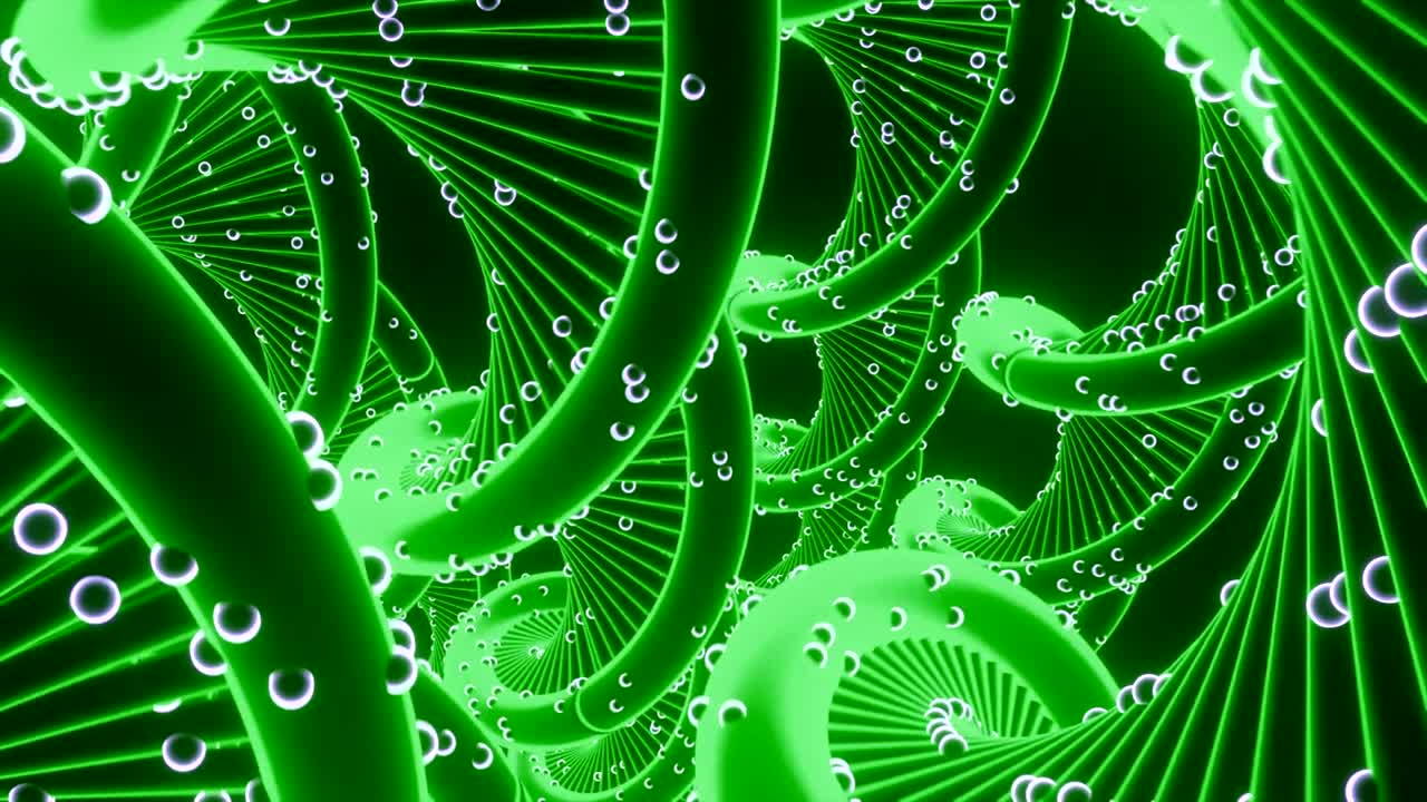 점과 함께 회전하는 3d 나선형. 디자인. 점과 함께 산호 나선형은 검은 바탕에 회전합니다. 바이러스 점과 함께 많은 dna 나선형이 공간에서 회전합니다