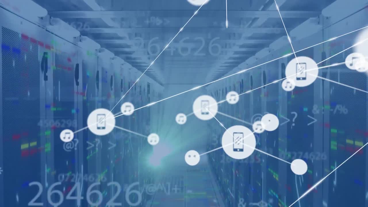변하는 숫자의 애니메이션, 디지털 아이콘의 네트워크 및 서버  ⁇ 에 대한 모자이크 사각형