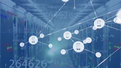 animation of changing numbers, network of digital icons and mosaic squares against server room