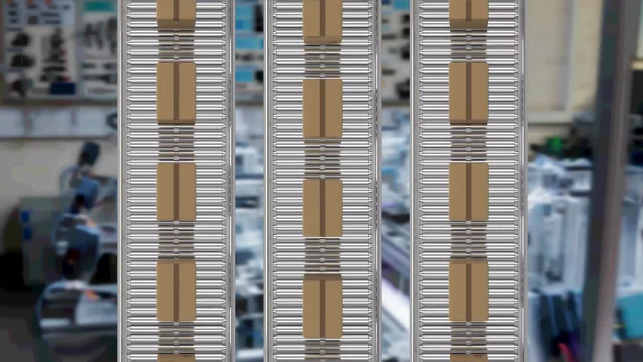 컨베이어 벨트 위에서 움직이는 카드보드 상자의 애니메이션