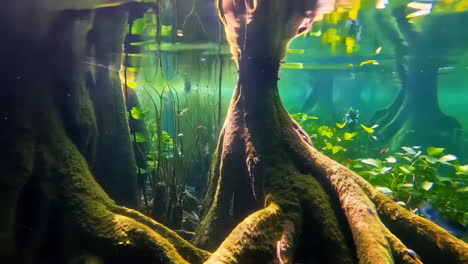sunlit underwater view of mangrove tree roots and aquatic life