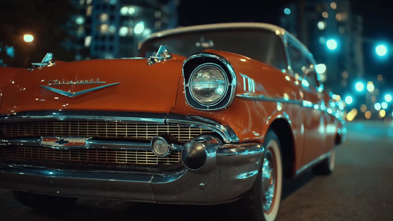 Klassisches Auto-Nacht-Fotoshooting: Ein atemberaubender, orangefarbener Oldtimer-Chevrolet im Stadtlicht, der sein zeitloses Design und seine exquisite Handwerkskunst zur Schau stellt