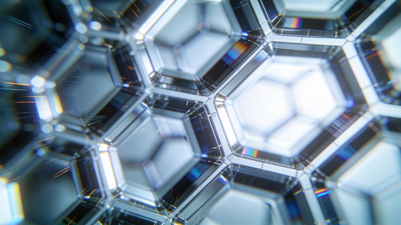 Shifting camera driving glass honeycomb lattice refracting light and sweeping streaks showing depth
