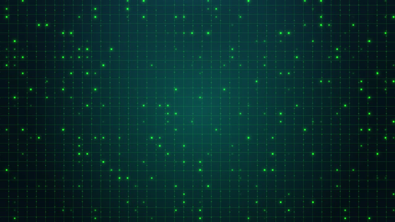 Futuristic Green Digital Grid with Blinking Squares and Plus Symbols Background Loop