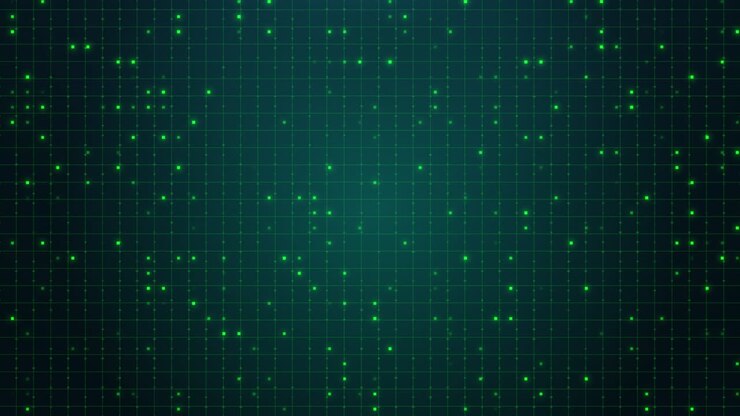 Futuristic Green Digital Grid with Blinking Squares and Plus Symbols Background Loop