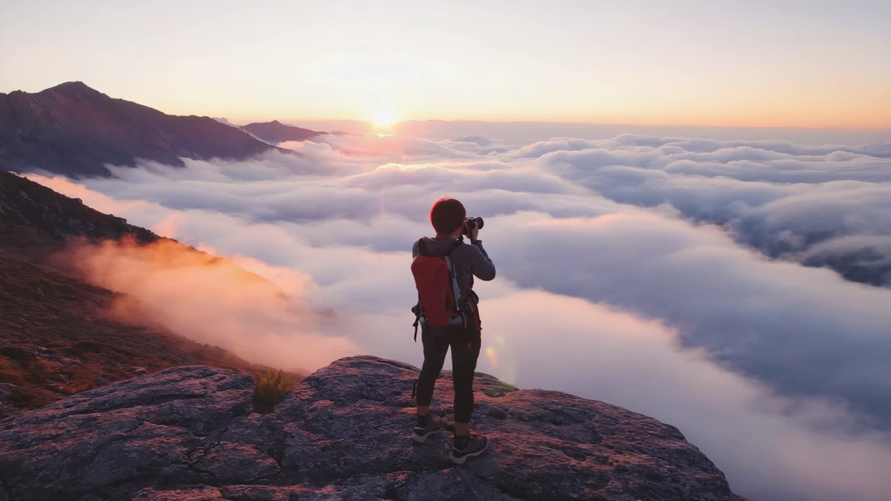 Photographer on a Mountain Peak Above a Sea of Clouds at Sunset