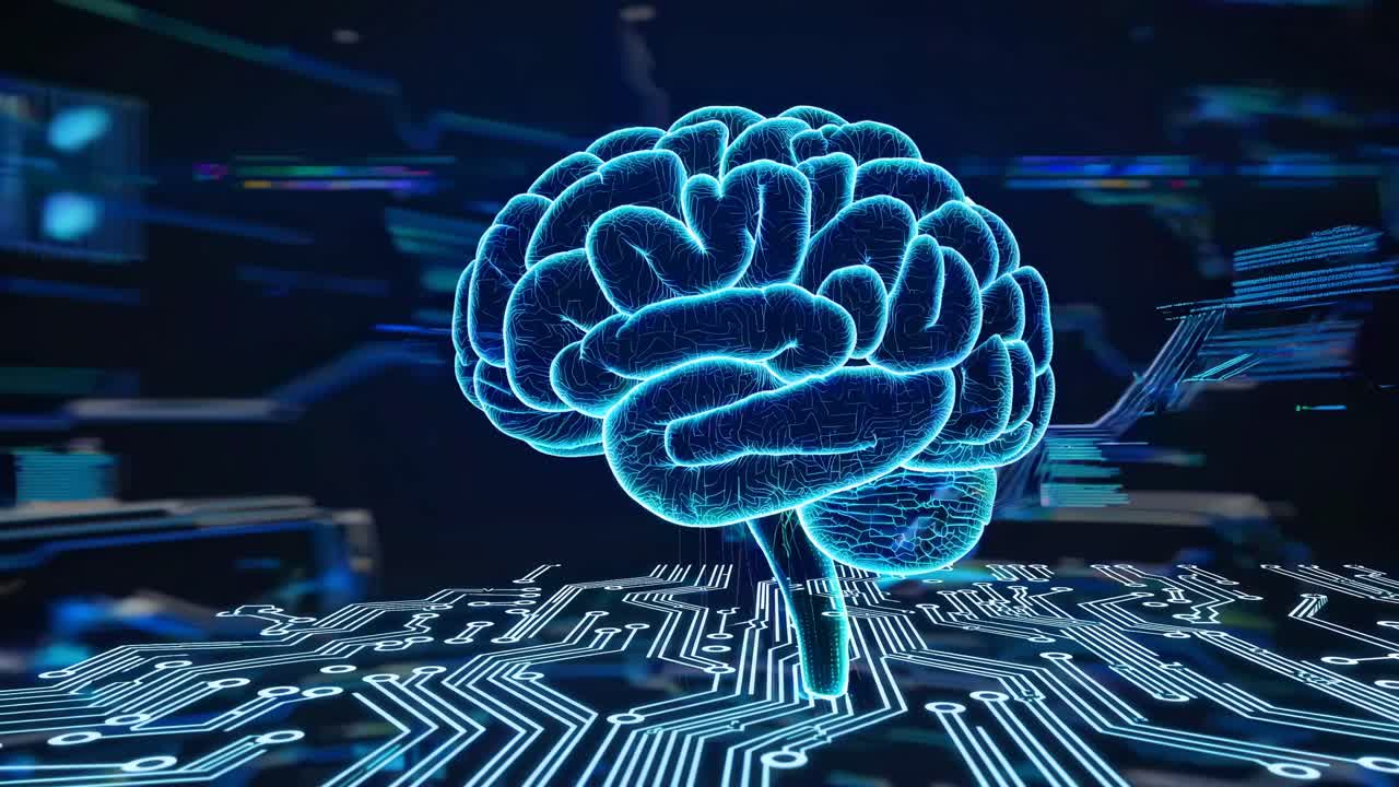 Futuristic video concept of a glowing brain overlaid on a circuit board