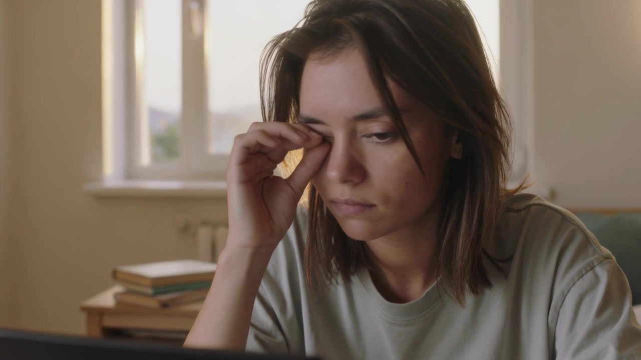 Donna con maglietta girocollo concentrata sul laptop, che si strofina l'occhio destro e si pizzica il naso, mostrando stanchezza a casa.