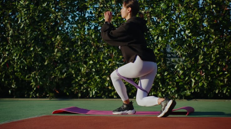 Woman doing leg exercises with resistance bands outdoors